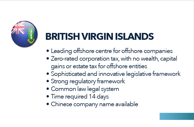 British Virgin islands
Leading offshore centre for offshore companies
Zero-rated corporation tax, with no wealth, capital gains or estate tax for offshore entities
Sophisticated and innovative legislative framework
Strong regulatory framework
Common law legal system
Time required 14 days
Chinese company name available