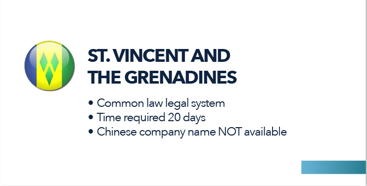 St. Vincent and the Grenadines
Common law legal system
Time required 20 days
Chinese company name NOT available

