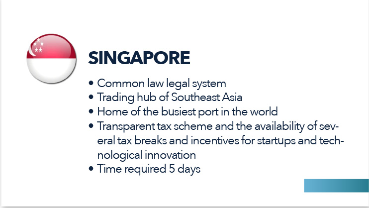Singapore
Common law legal system
Trading hub of Southeast Asia
Home of the busiest port in the world
Transparent tax scheme and the availability of several tax breaks and incentives for startups and technological innovation
Time required 5 days  
