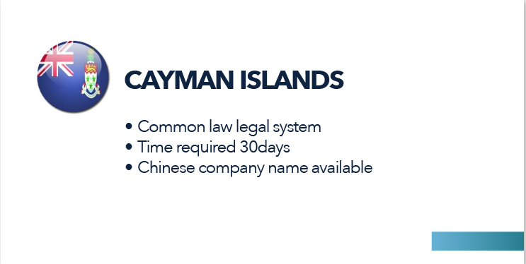 Cayman Islands
Common law legal system
Time required 30 days
Chinese company name available
