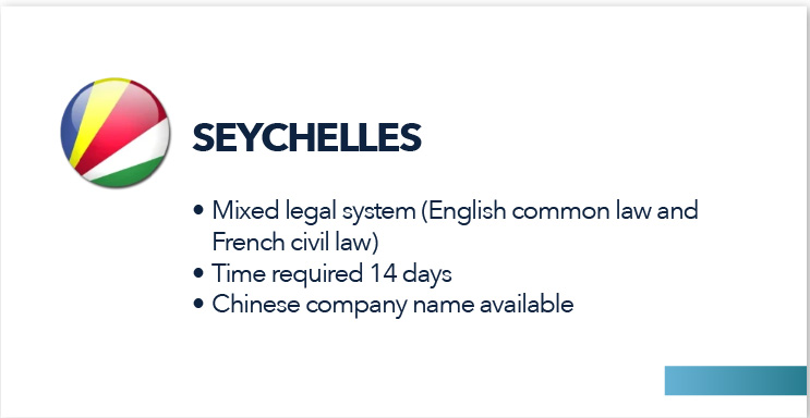 Seychelles
Mixed legal system (English common law and French civil law)
Time required 14 days
Chinese company name available
